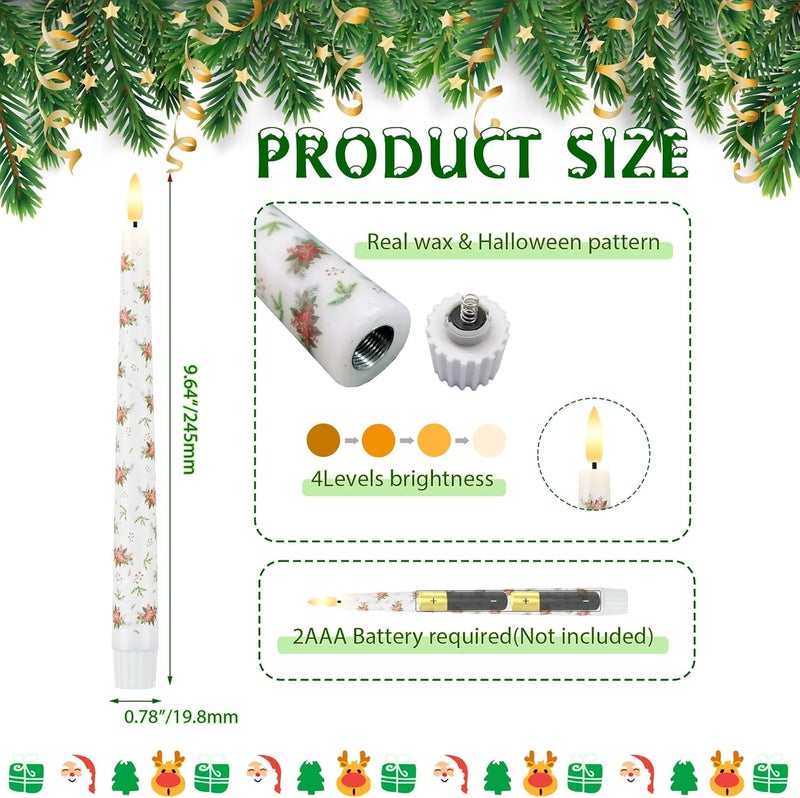 AFINETH Christmas Flameless Taper Candles with Flowers, 9.6"" Real Wax LED Candles with Remote, 3 Pcs Flickering Battery Operated Candles, Xmas Candlesticks for Home, Party Decor, White, MBGL23 - Image 2